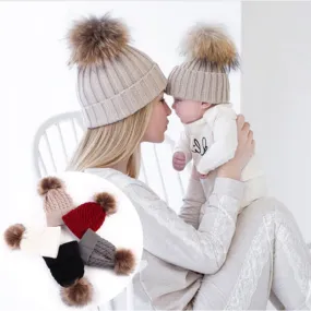 2018 2PCS/set Mom Mother+Baby Knit Pom Bobble Hat Kids Girls Boys Winter Warm Beanie Hats Accessories