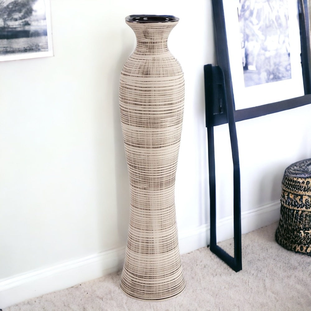 31 Ceramic Brown and Beige Striped Bud Floor Vase