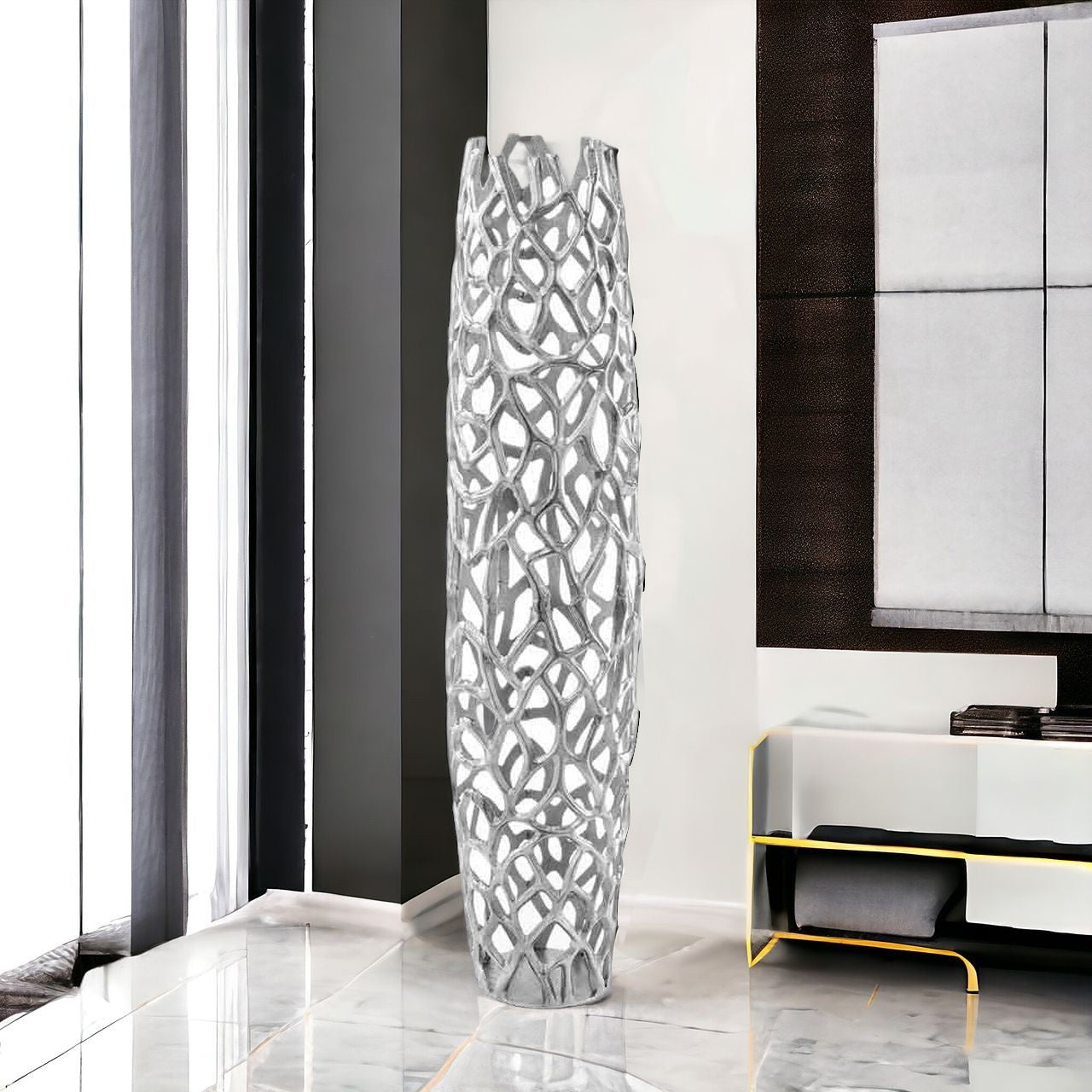 47 Aluminum Silver Twigs Cylinder Floor Vase