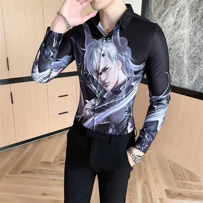 Autumn Winter Men's Casual Fashion Long Sleeve Cartoon Print Slim Shirts