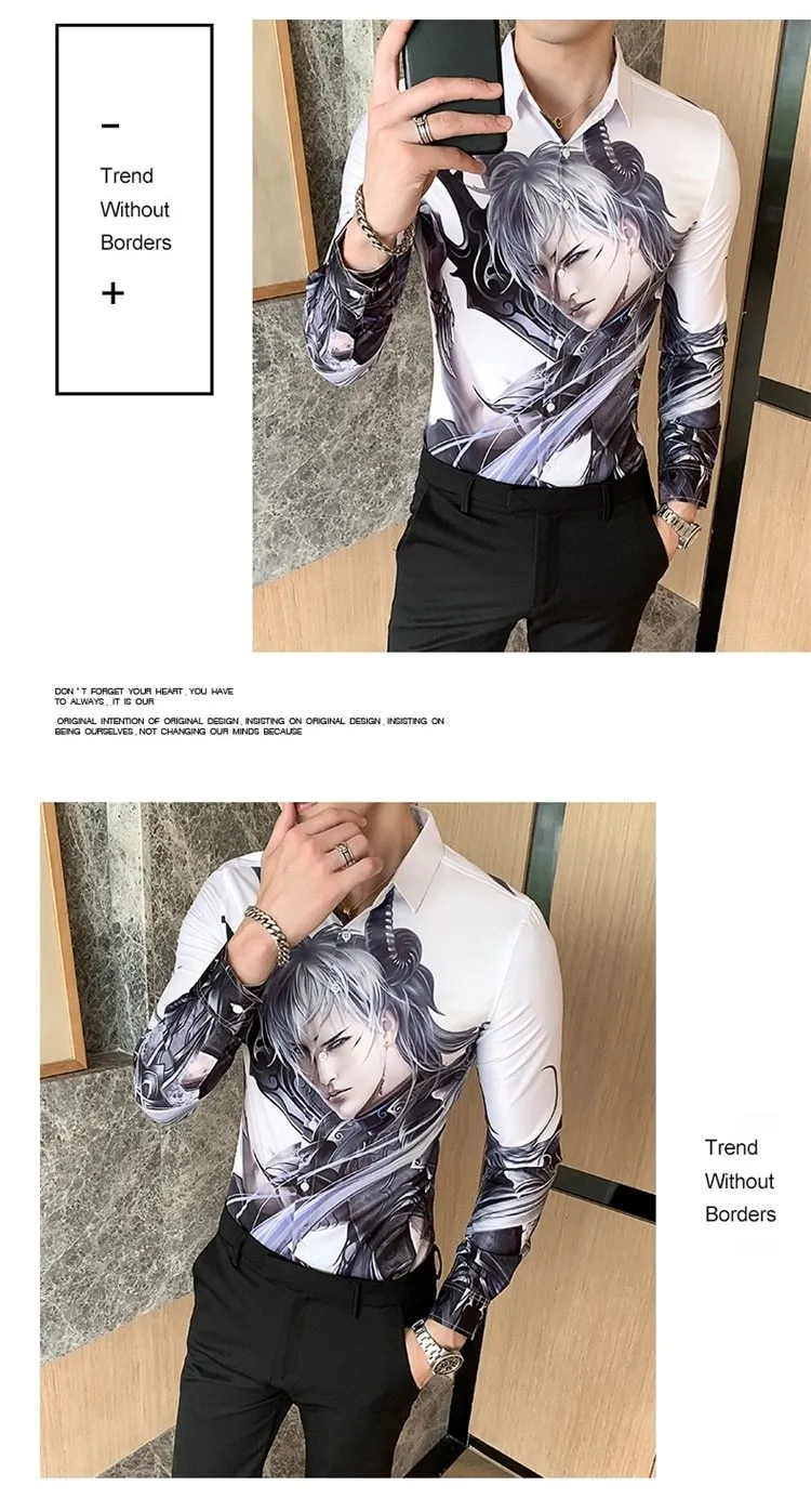 Autumn Winter Men's Casual Fashion Long Sleeve Cartoon Print Slim Shirts