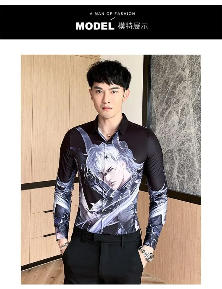 Autumn Winter Men's Casual Fashion Long Sleeve Cartoon Print Slim Shirts