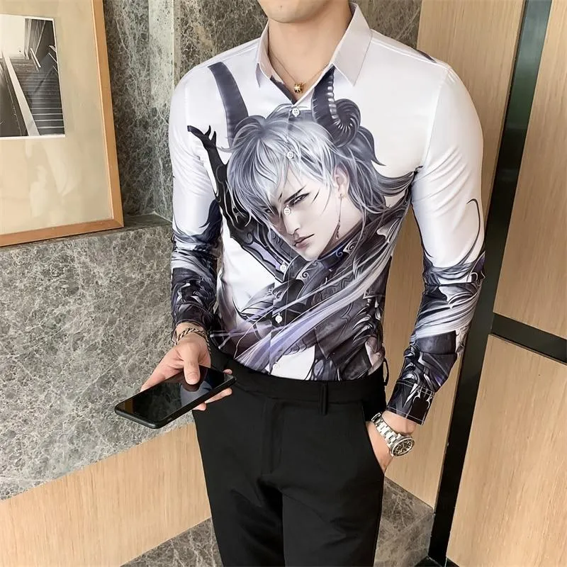 Autumn Winter Men's Casual Fashion Long Sleeve Cartoon Print Slim Shirts