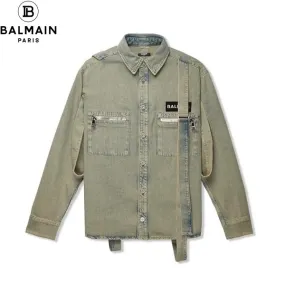 BALMAIN  |Unisex Denim Street Style Long Sleeves Plain Cotton Logo