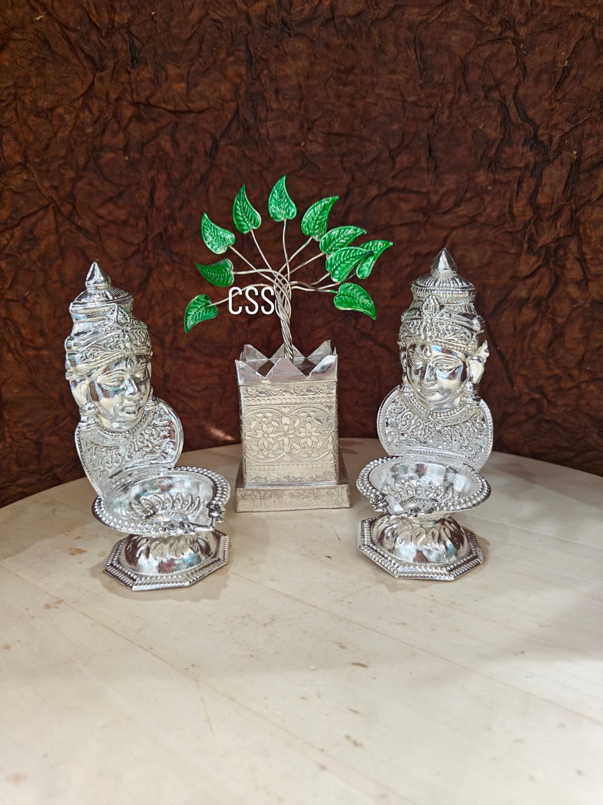 Beautiful Green Enamelled Tulsi Tree with Lakshmi Diyas-CS001TD