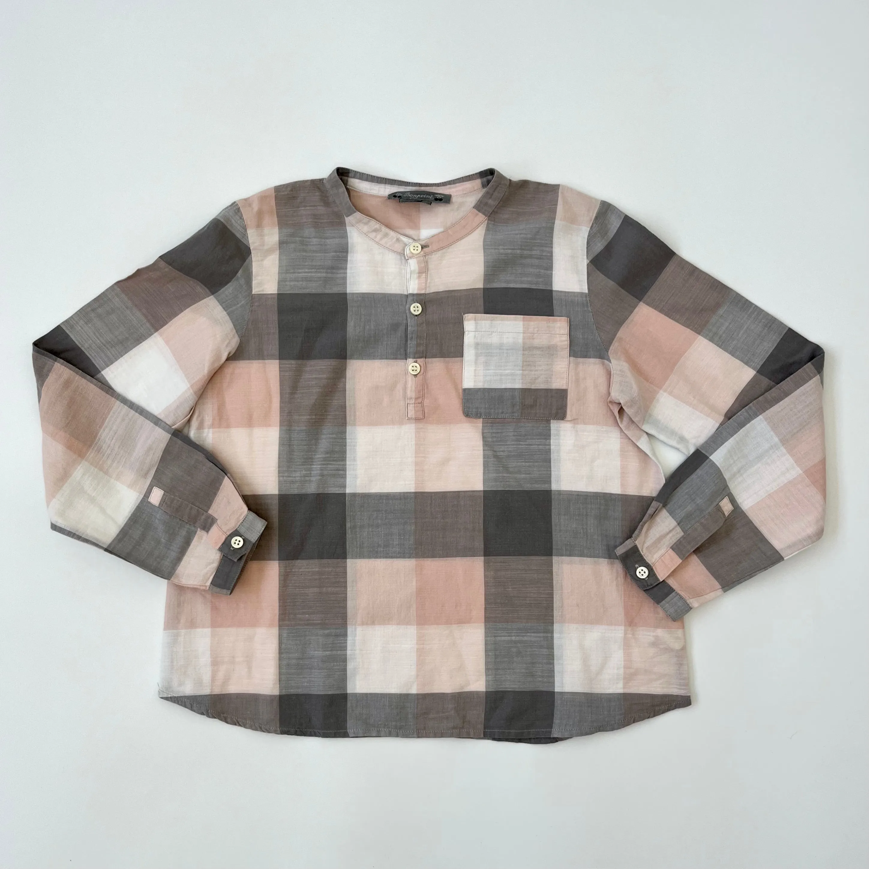 Bonpoint Pink And Grey Check Collarless Shirt: 8-10 Years