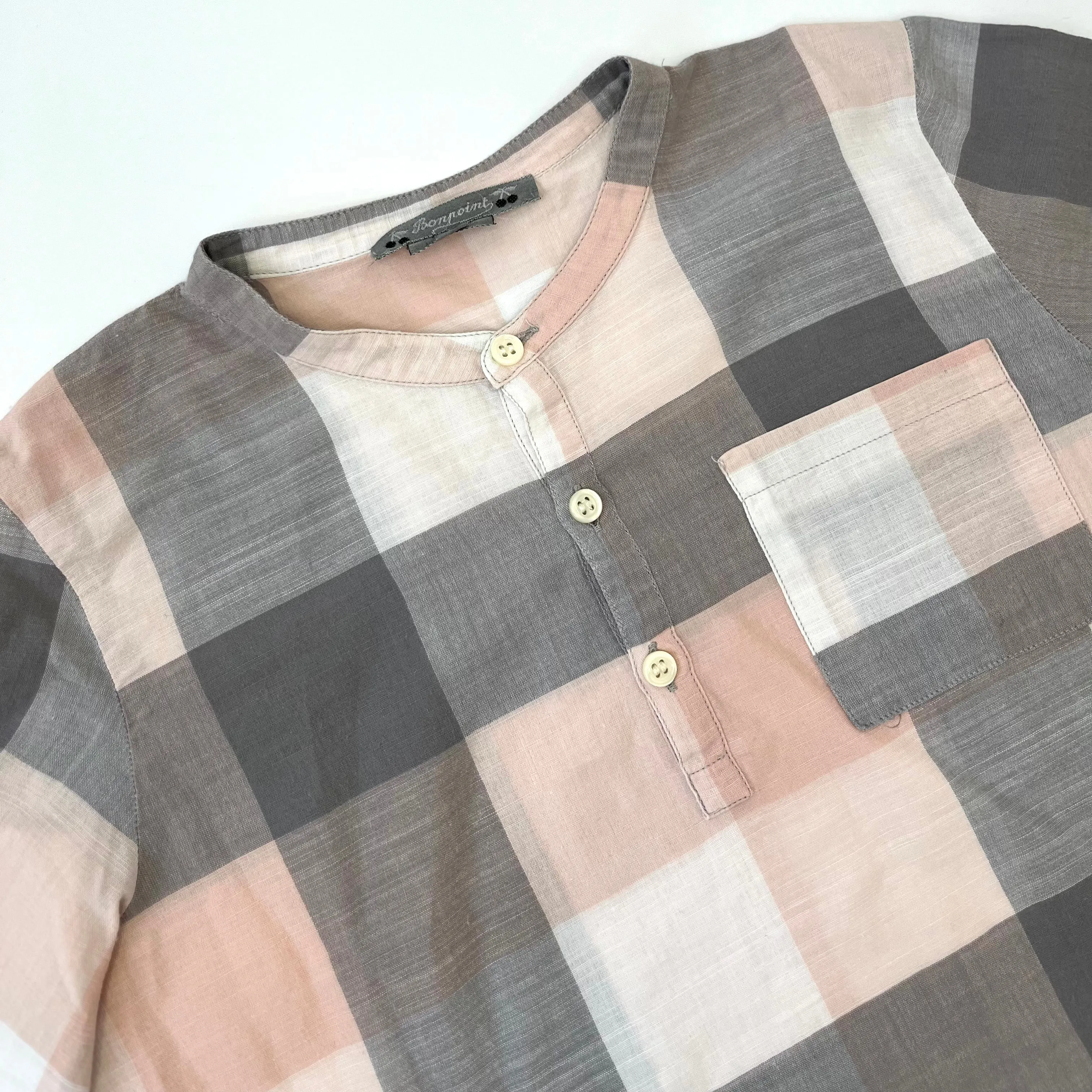 Bonpoint Pink And Grey Check Collarless Shirt: 8-10 Years