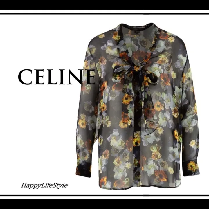 CELINE  |Flower Patterns Casual Style Silk Long Sleeves Office Style