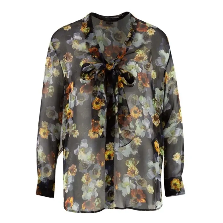 CELINE  |Flower Patterns Casual Style Silk Long Sleeves Office Style