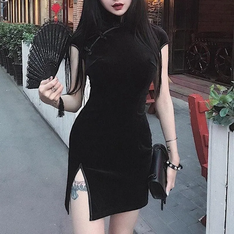 Cheongsam Vintage skinny Dress Women  Satin Gothic Style