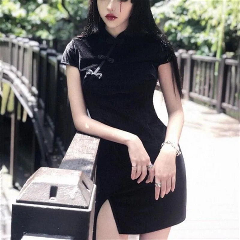 Cheongsam Vintage skinny Dress Women  Satin Gothic Style