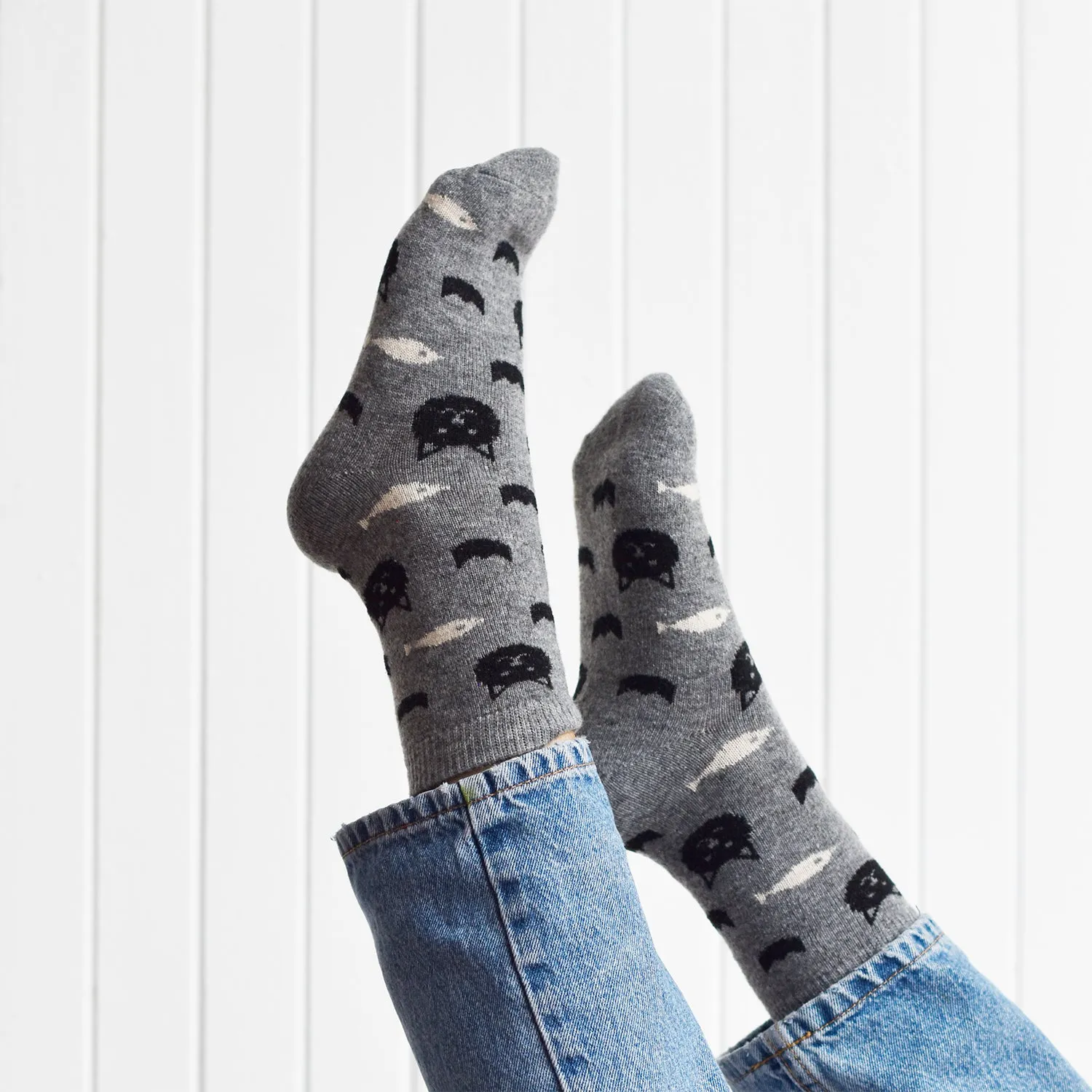 Cozy and Warm | Wool Socks | Cats and fish Grey