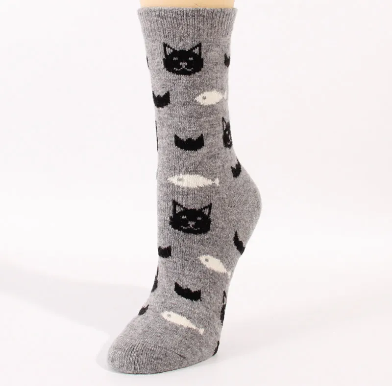 Cozy and Warm | Wool Socks | Cats and fish Grey