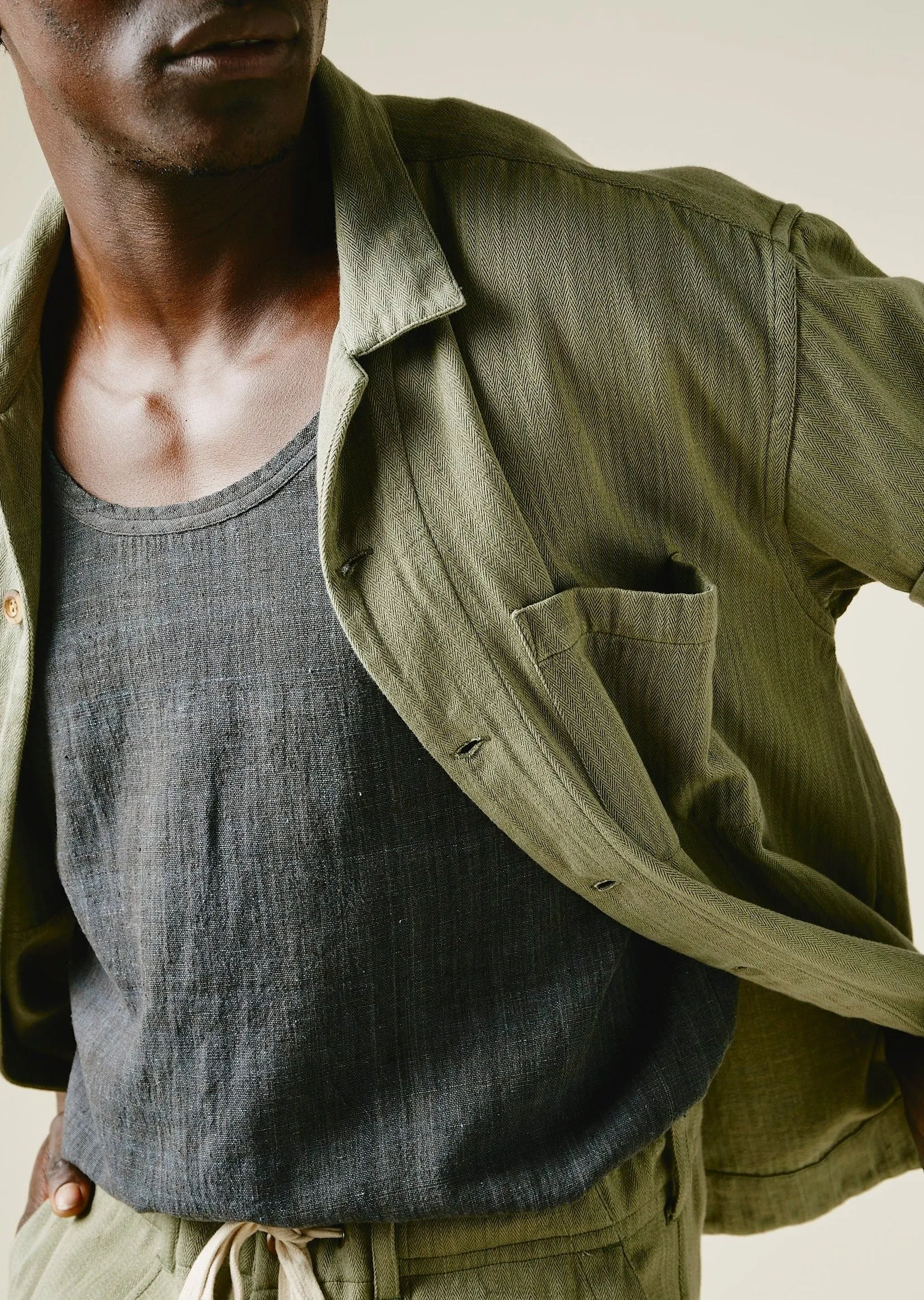 LAKE CAMP SHIRT Od Green Military Herringbone