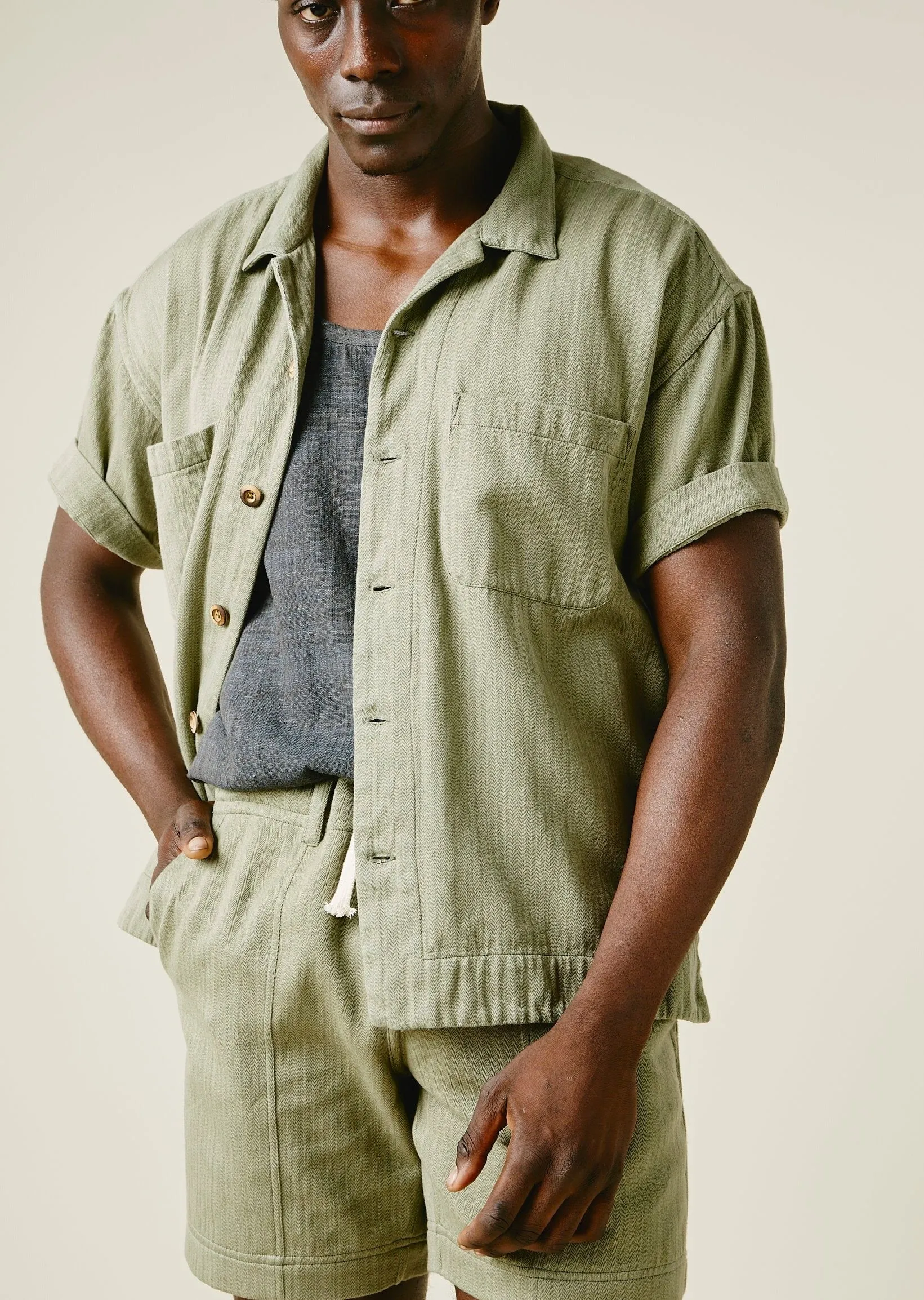 LAKE CAMP SHIRT Od Green Military Herringbone