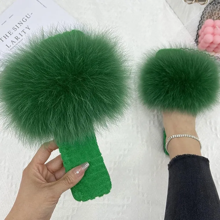 Light Green Real Fur Slides Cotton Fluffy Flat House Slippers for Women