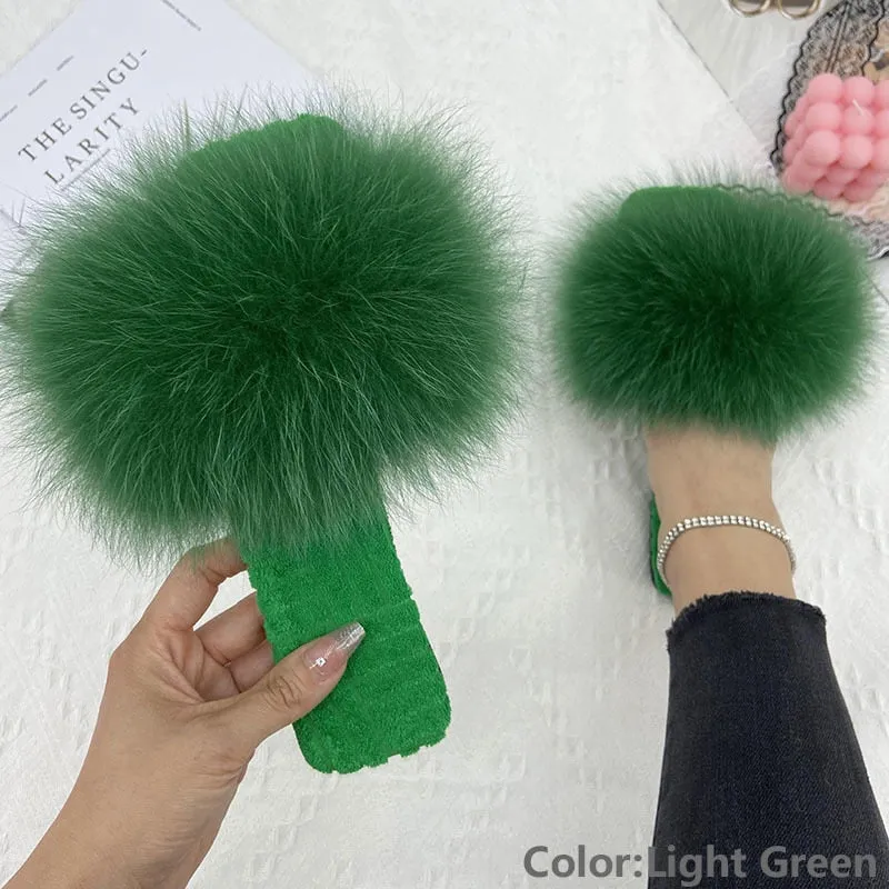 Light Green Real Fur Slides Cotton Fluffy Flat House Slippers for Women