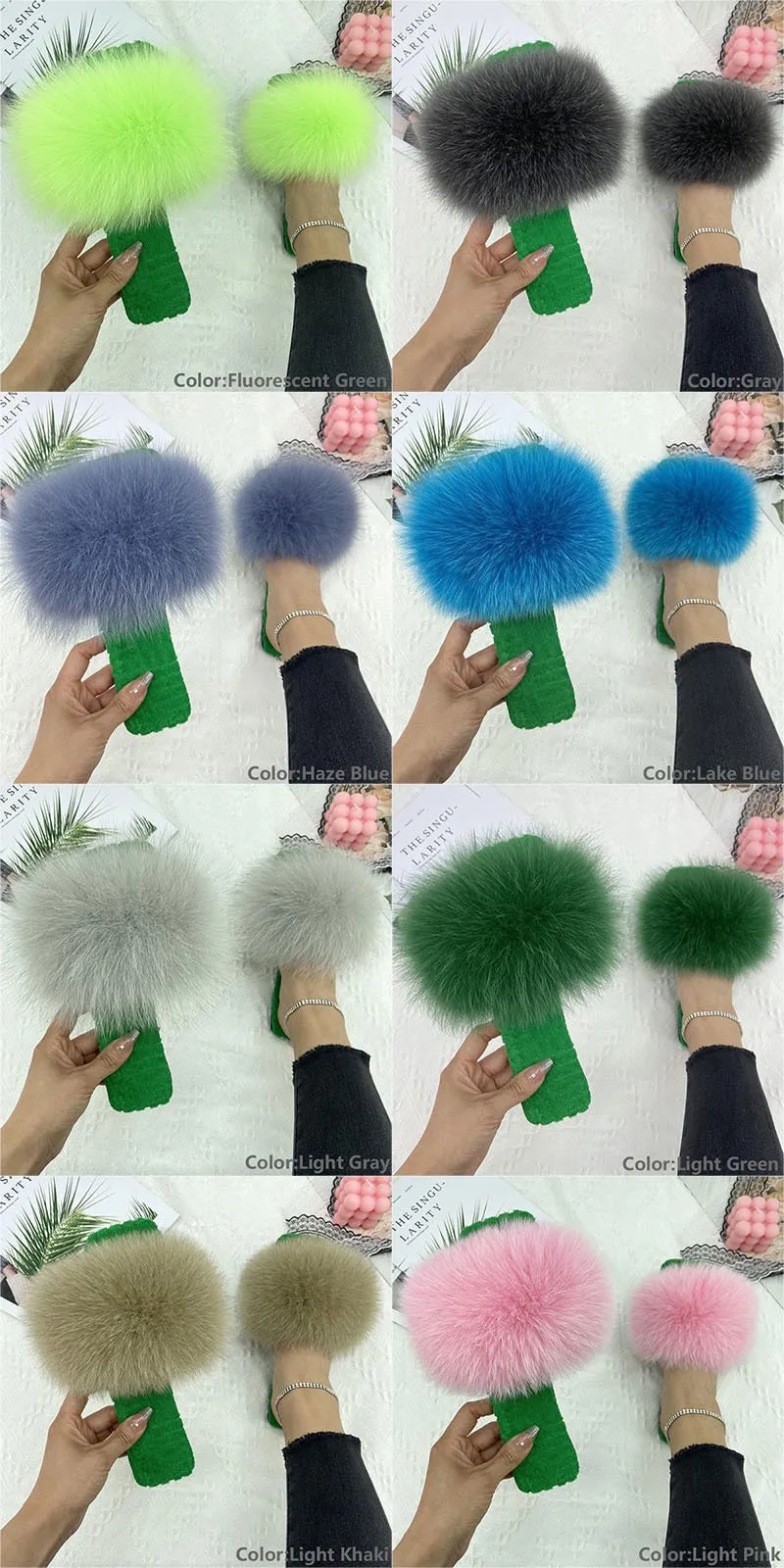 Light Green Real Fur Slides Cotton Fluffy Flat House Slippers for Women