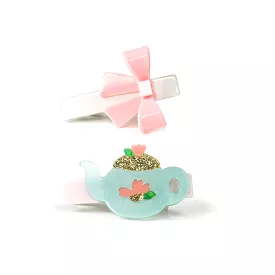 Lilies & Roses Tea Pot and Pink Bow Hair Clips