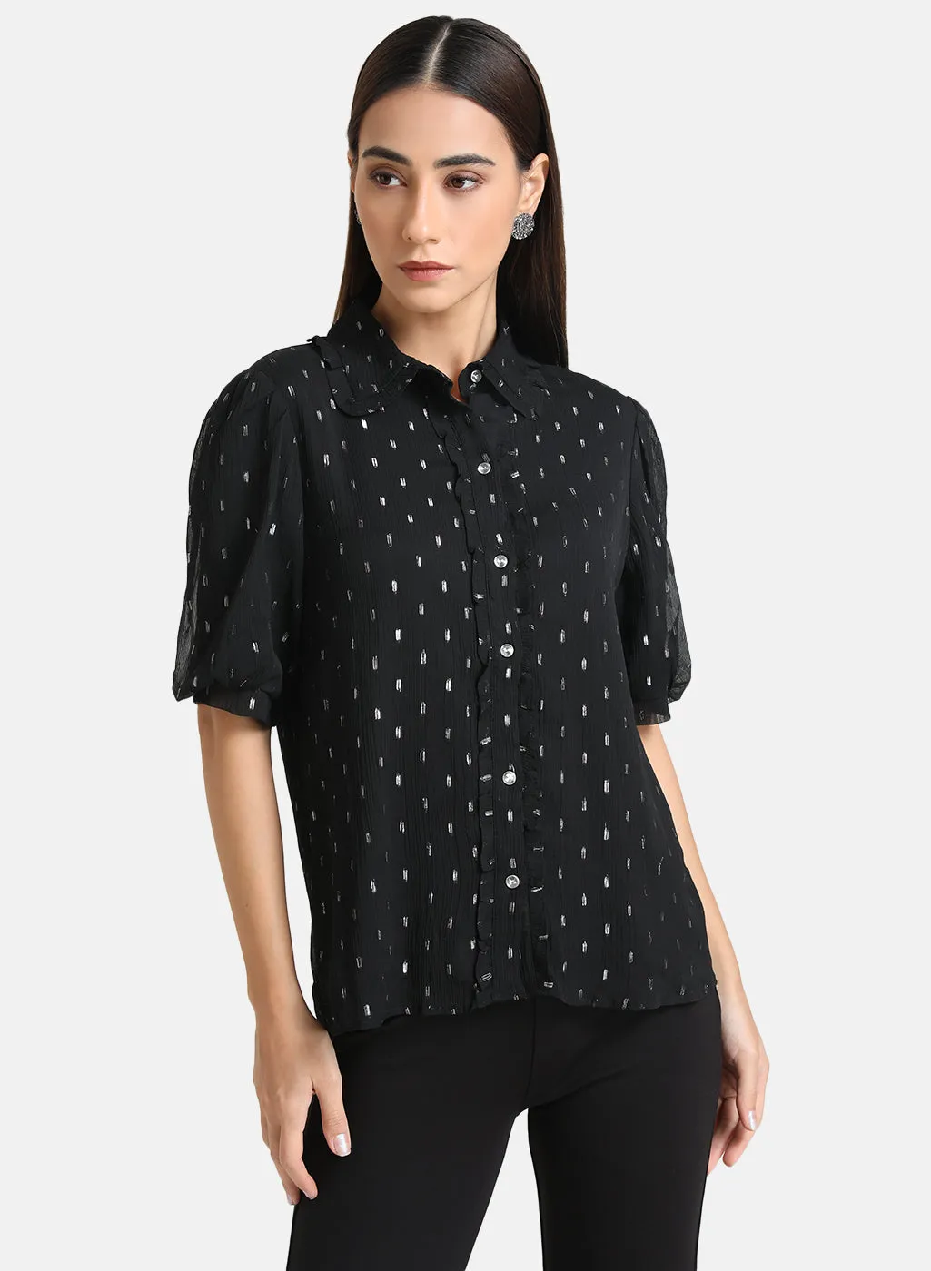 Lurex Shirt With Ruffle Detailed Collar