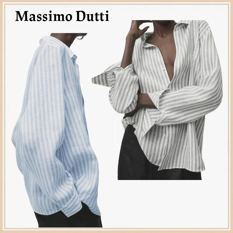 Massimo Dutti  |Stripes Casual Style Linen Long Sleeves Office Style