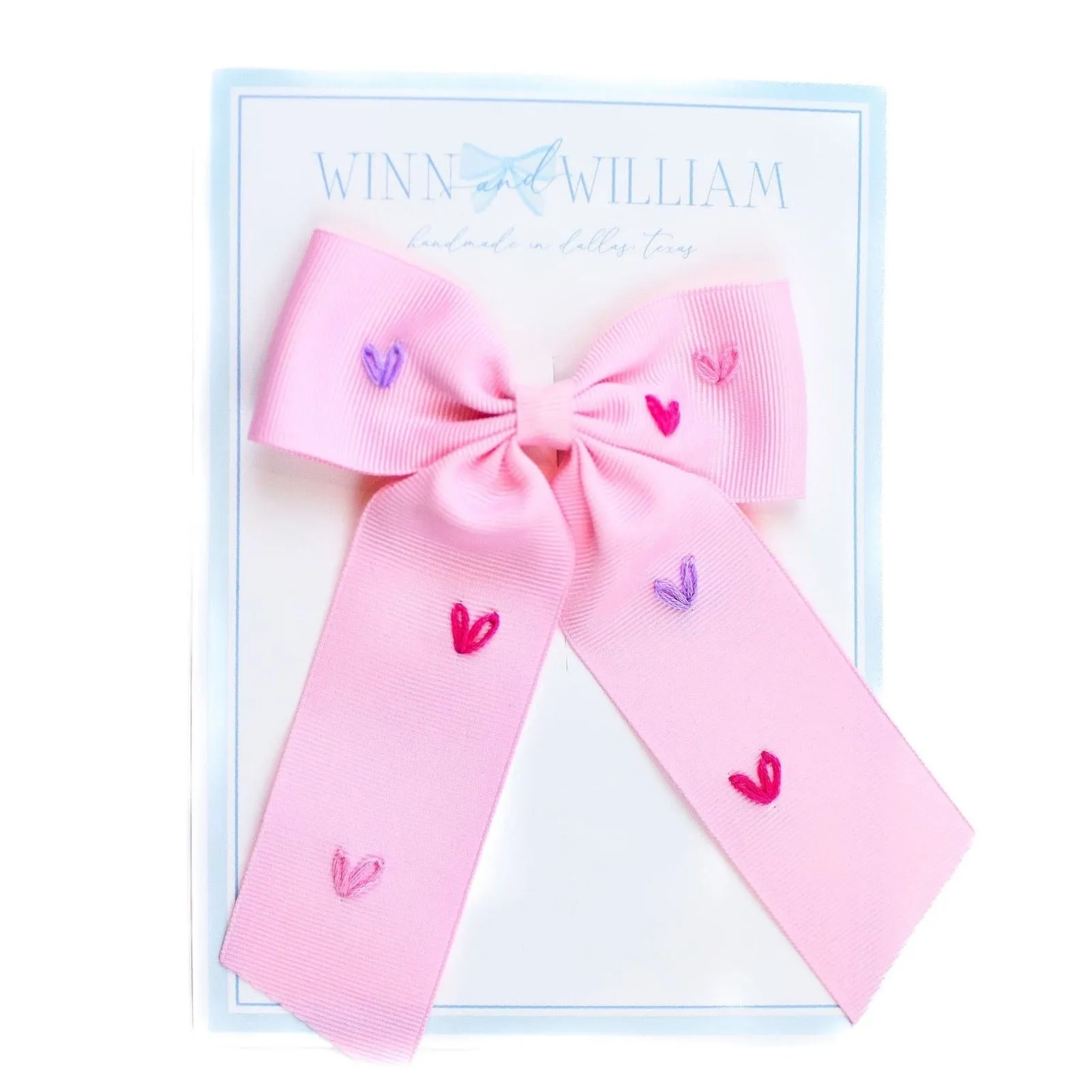 Medium Embroidered Hearts Bow- Pink