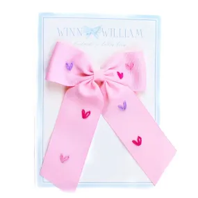 Medium Embroidered Hearts Bow- Pink