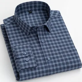 Men's Flannel Plaid Striped Square Collar Standard Fit Long Sleeve Shirt