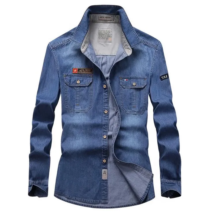 Men's Leisure Cowboy Style Solid Pattern Long Sleeve Denim Blue Shirts