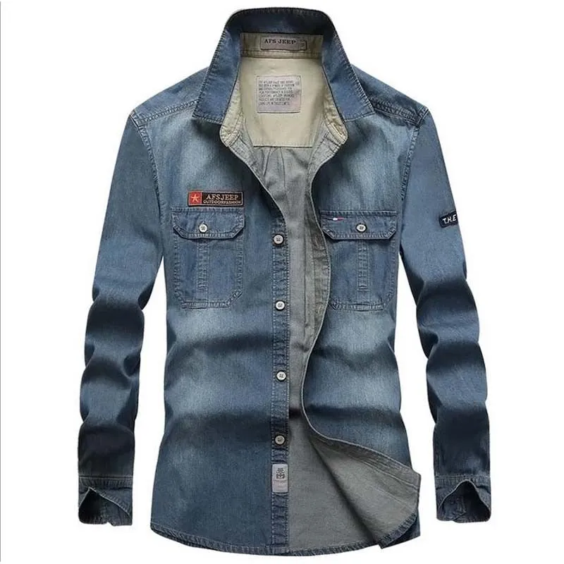 Men's Leisure Cowboy Style Solid Pattern Long Sleeve Denim Blue Shirts