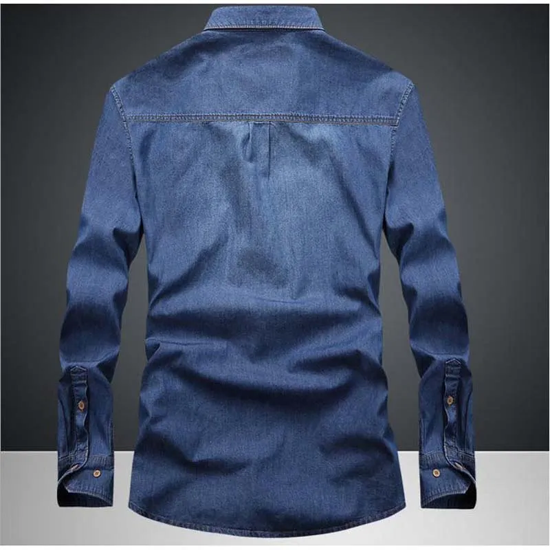 Men's Leisure Cowboy Style Solid Pattern Long Sleeve Denim Blue Shirts