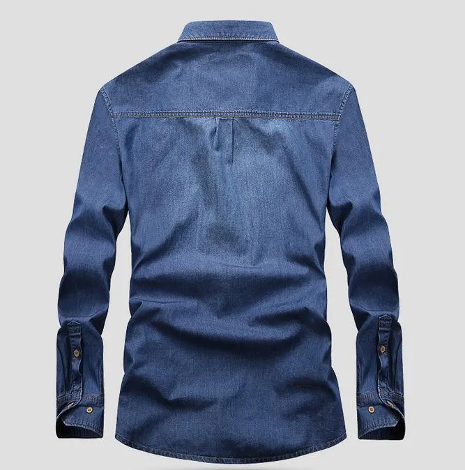 Men's Leisure Cowboy Style Solid Pattern Long Sleeve Denim Blue Shirts