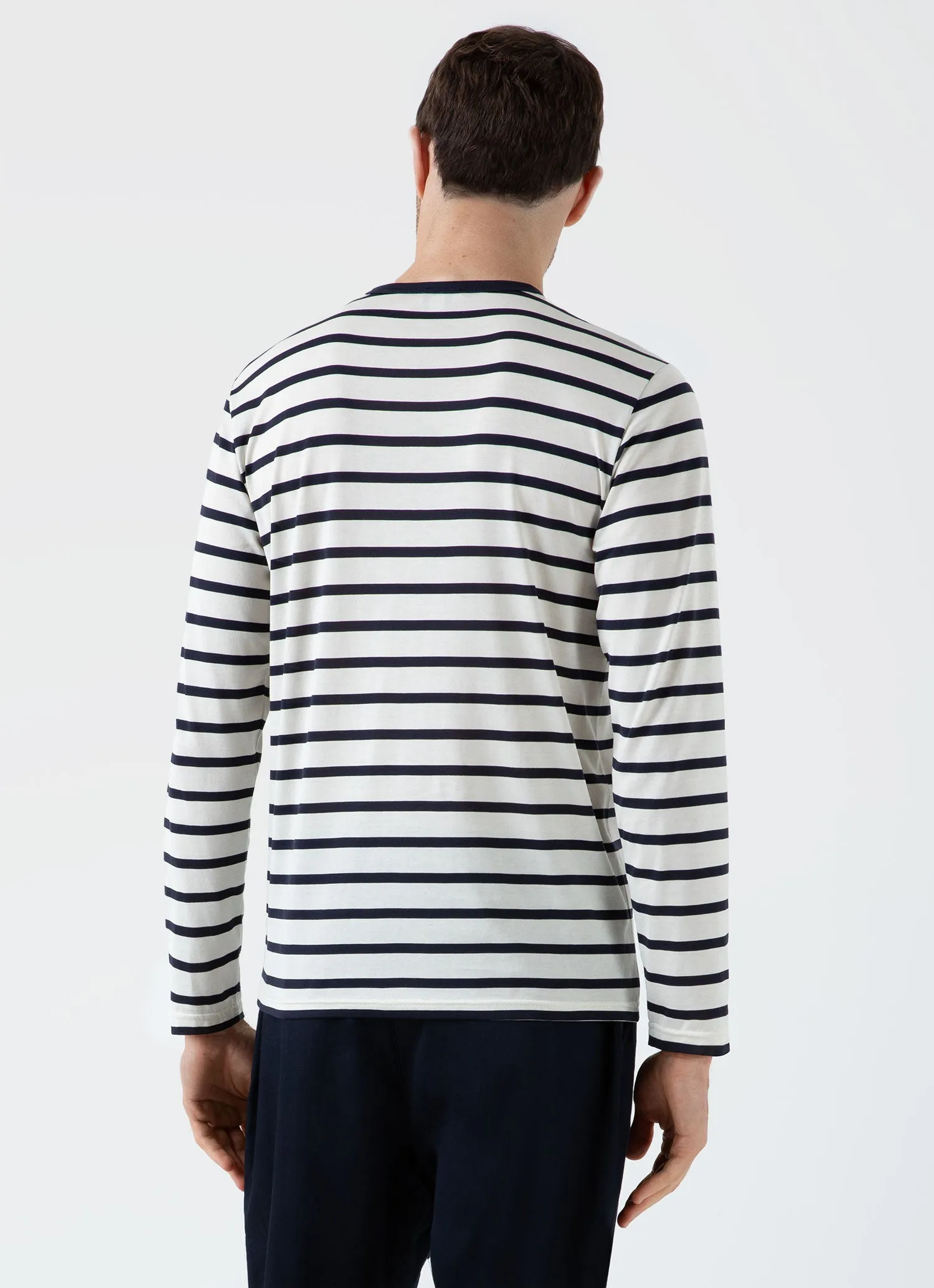 Men's Long Sleeve Classic T-shirt in Ecru/Navy Breton Stripe