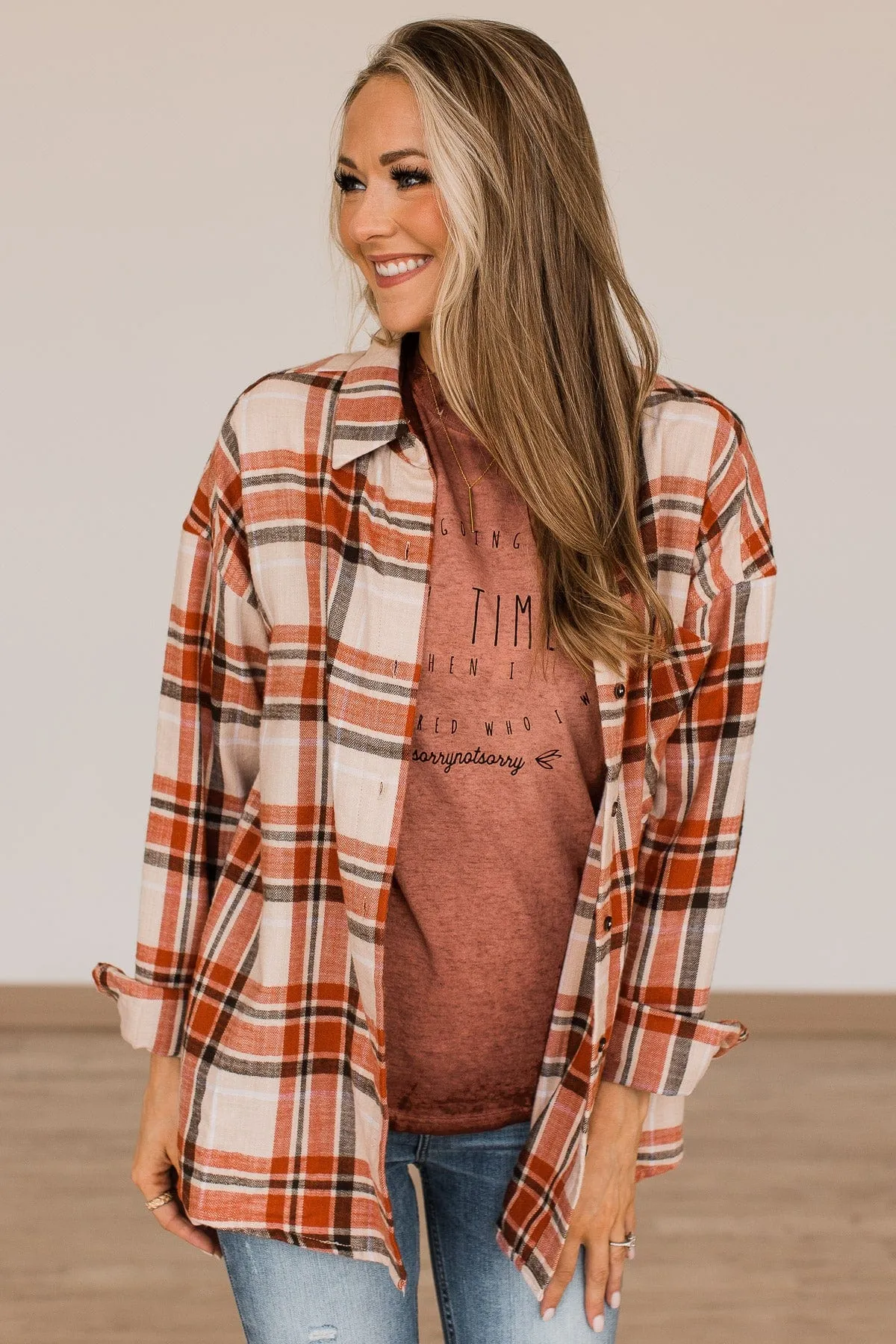 Only For Me Button Flannel Top- Light Taupe & Rust