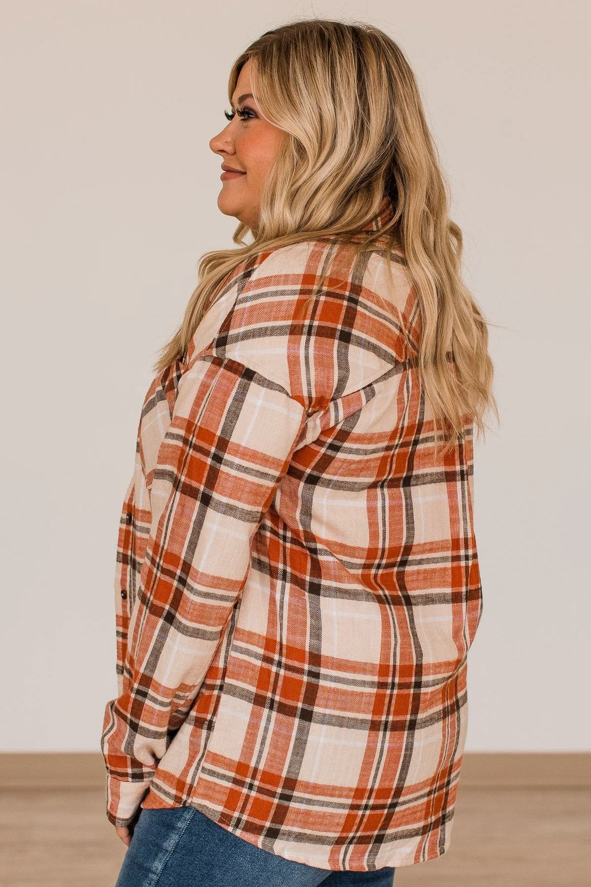 Only For Me Button Flannel Top- Light Taupe & Rust