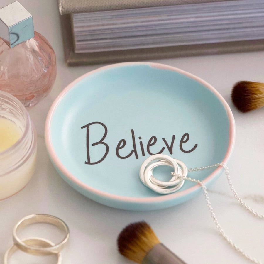 Pastel Blue Ceramic 'Believe' Trinket Dish