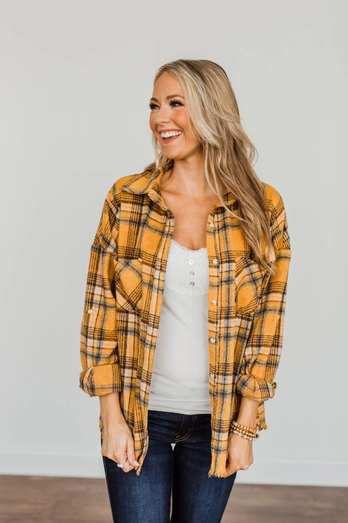 Pick Of The Patch Frayed Flannel- Mustard