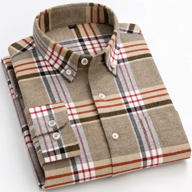 Plaid Striped Standard-fit Long Sleeve Square Collar Shirt for Men