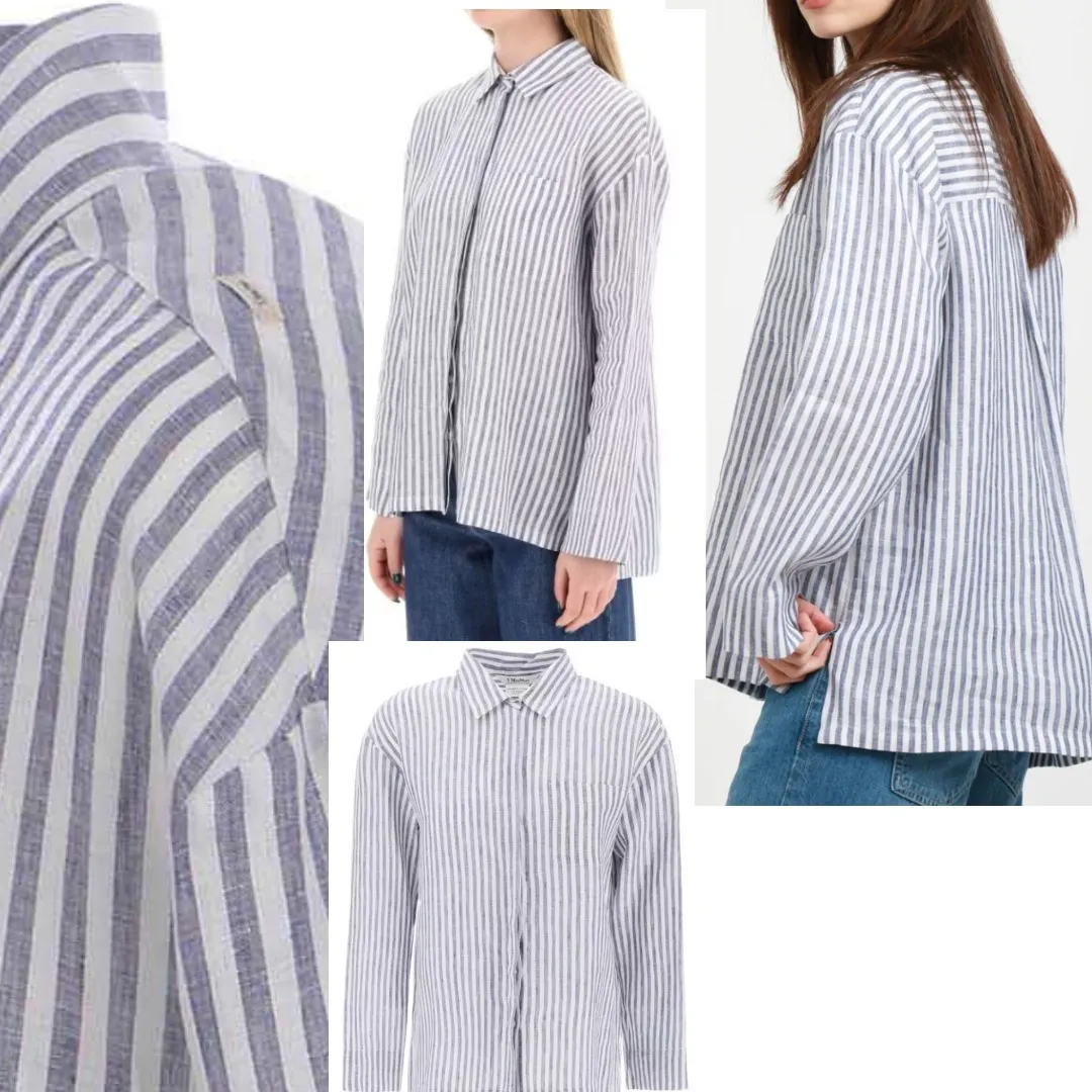 S Max Mara  |Stripes Casual Style Linen Long Sleeves Office Style Logo