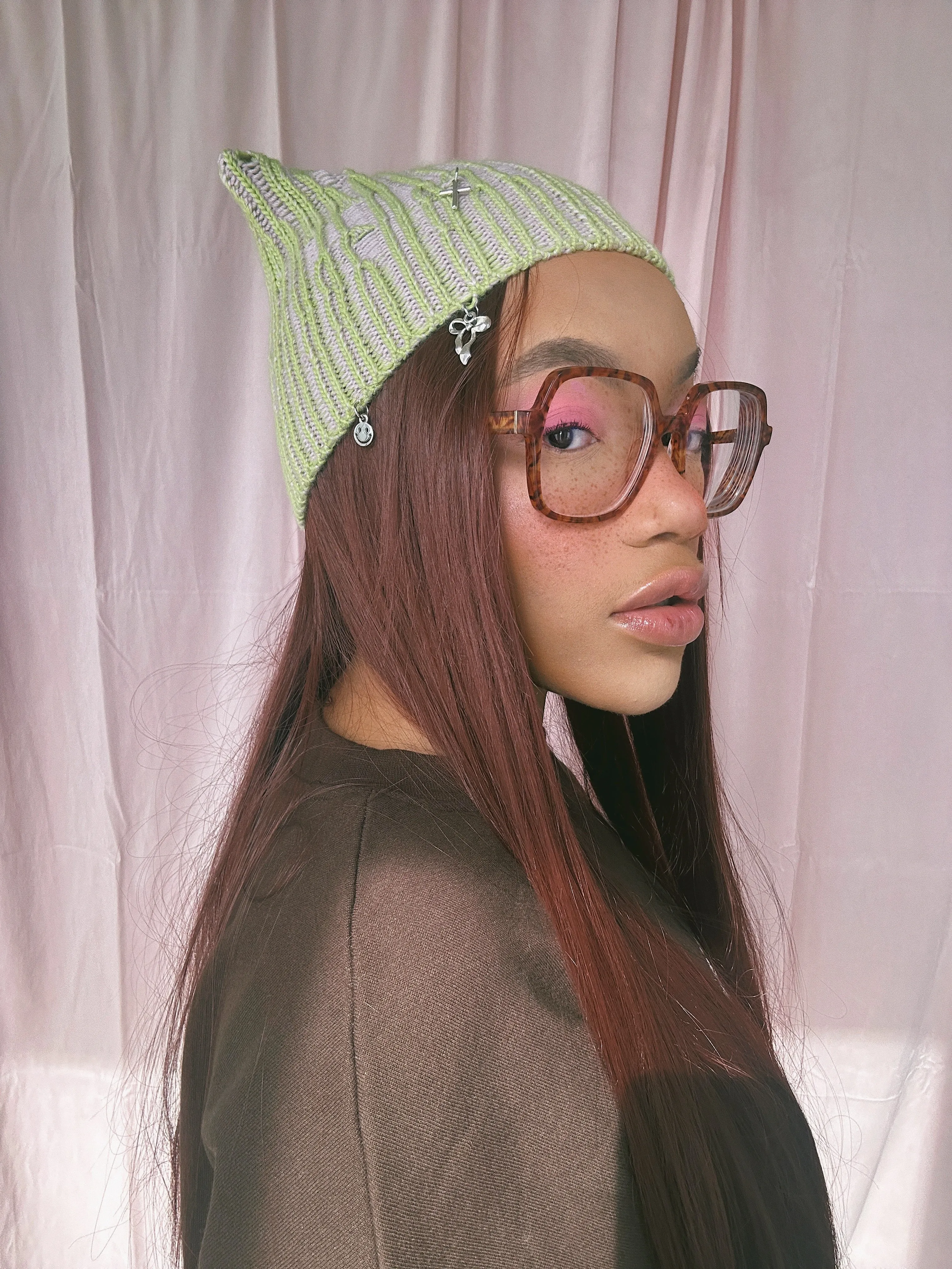 (Sample - Size Small) Pink and Green Cat ears Knit Hat  - READY TO SHIP