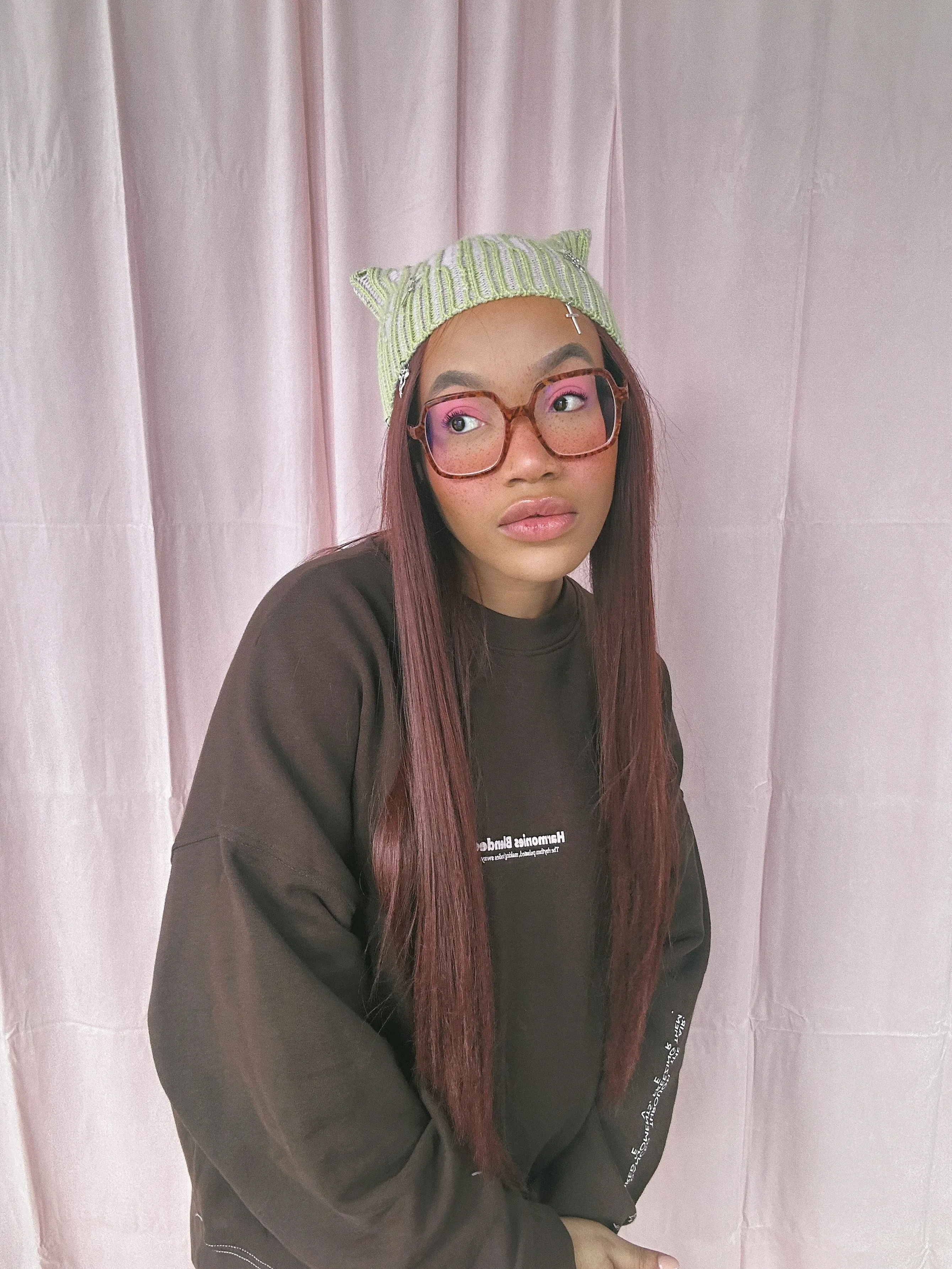 (Sample - Size Small) Pink and Green Cat ears Knit Hat  - READY TO SHIP