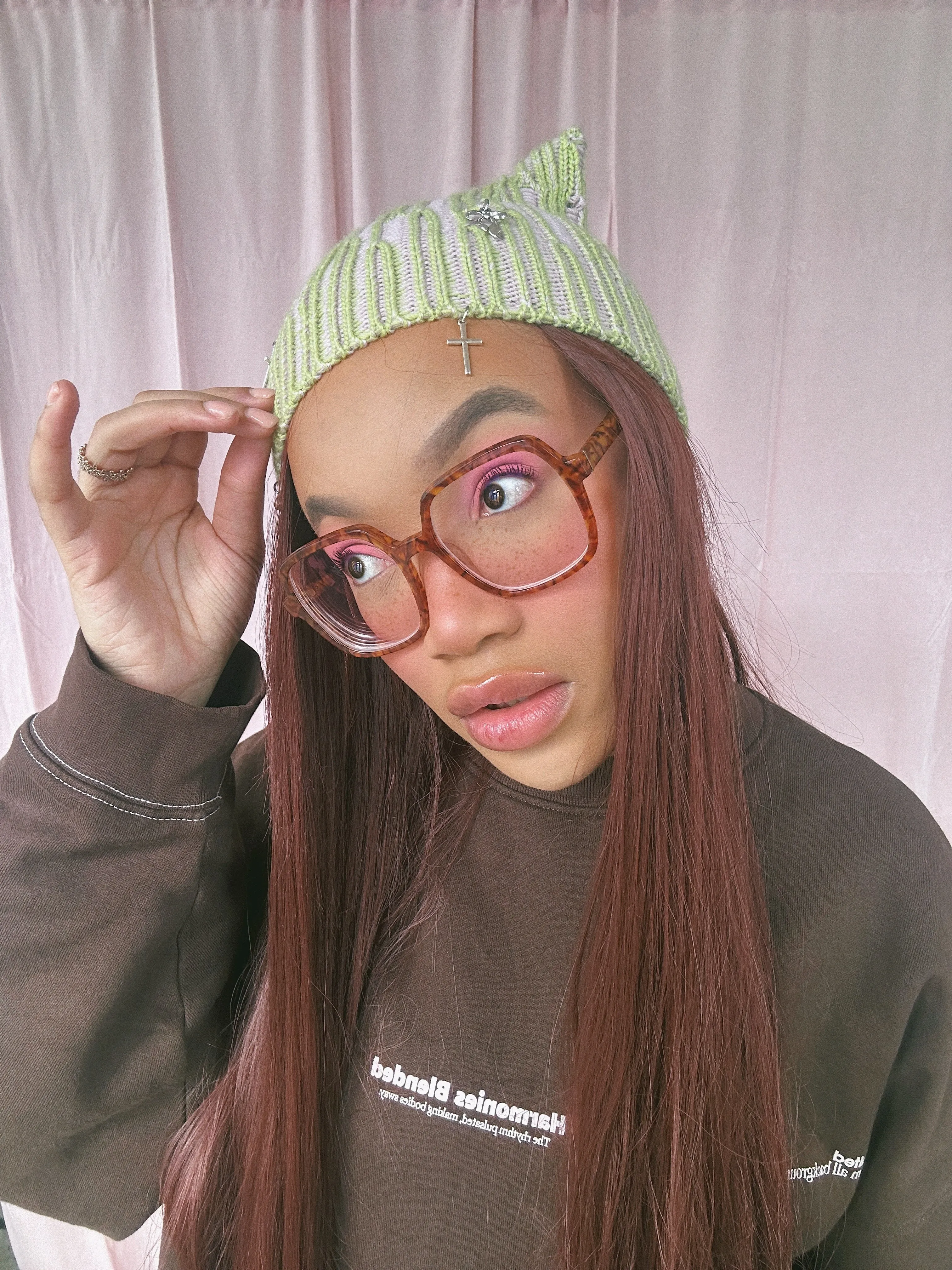 (Sample - Size Small) Pink and Green Cat ears Knit Hat  - READY TO SHIP