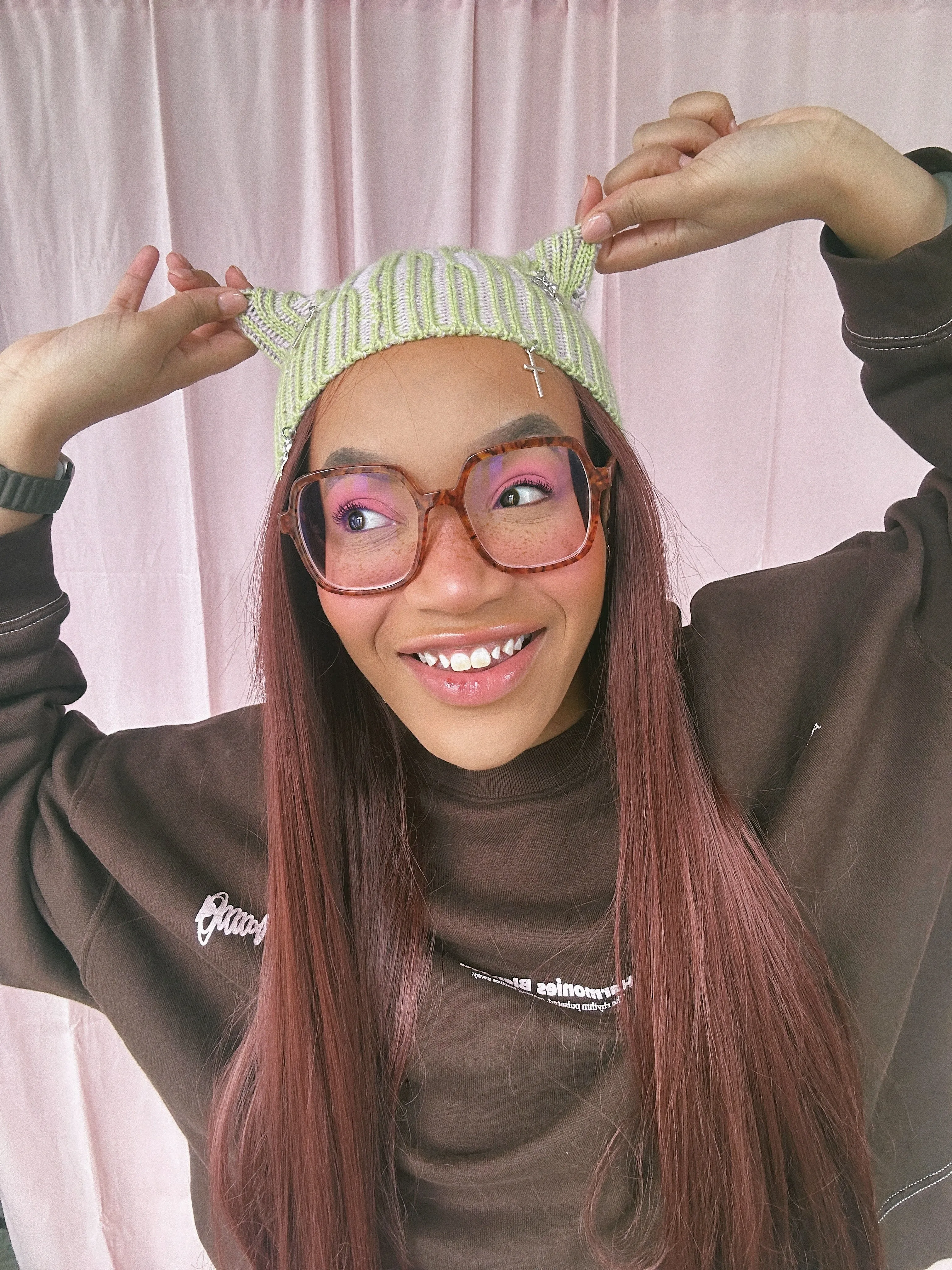 (Sample - Size Small) Pink and Green Cat ears Knit Hat  - READY TO SHIP