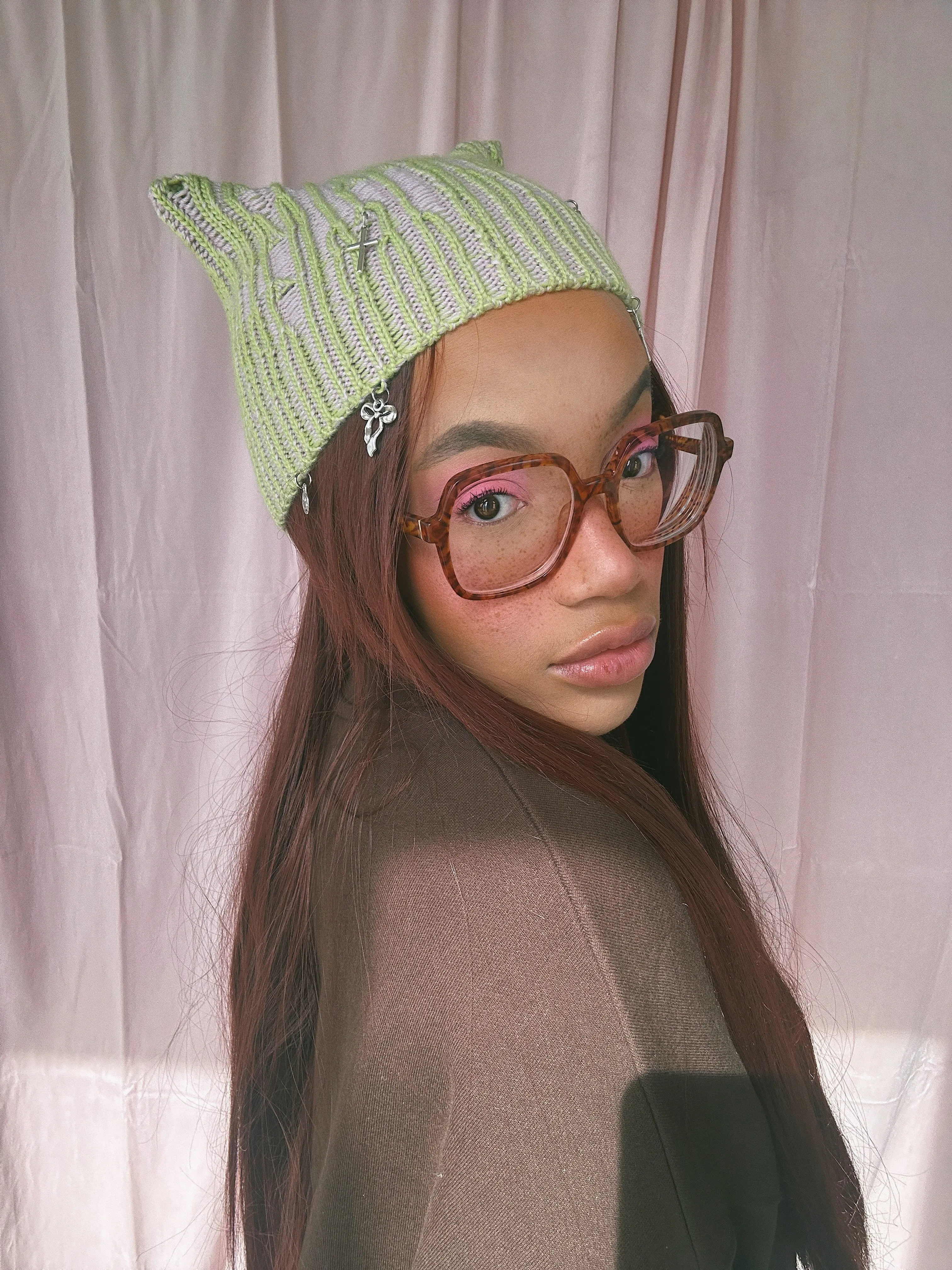 (Sample - Size Small) Pink and Green Cat ears Knit Hat  - READY TO SHIP