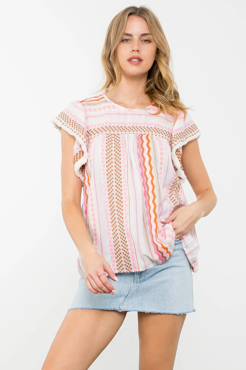 Striped Pattern Flutter Sleeve Top