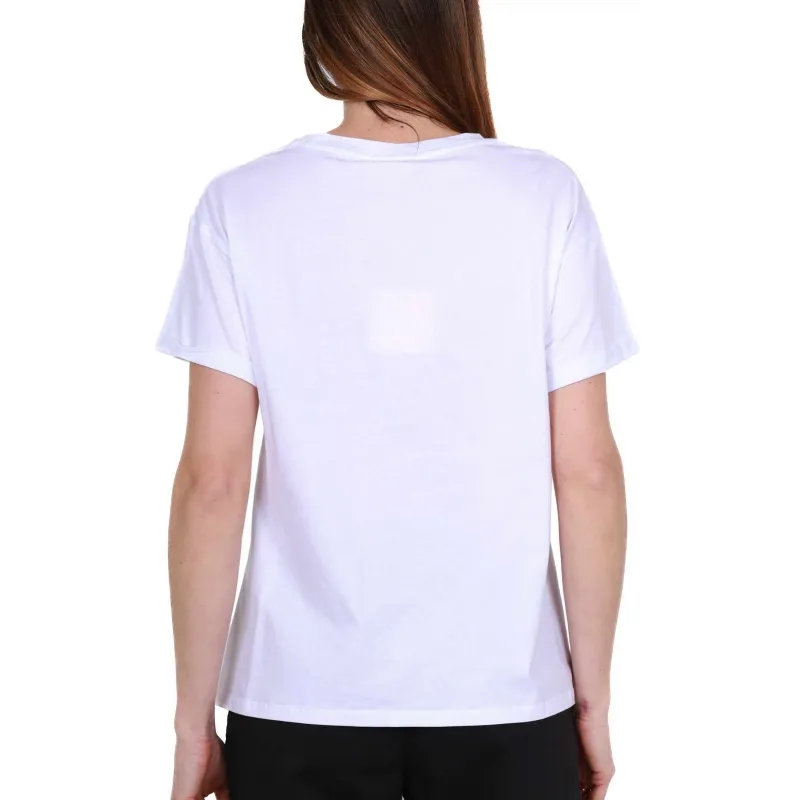 T-SHIRT GIROCOLLO CON STAMPA E STRASS, BIANCO