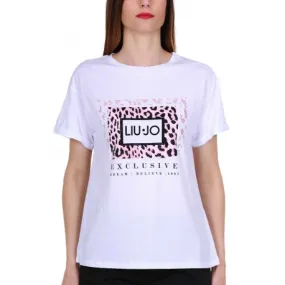 T-SHIRT GIROCOLLO CON STAMPA E STRASS, BIANCO