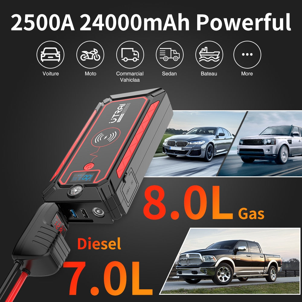 UTRAI 2500A Car Battery Starter Portable Power Bank 10W Wireless Charger LED Light Safety Hammer Car Jump Starter