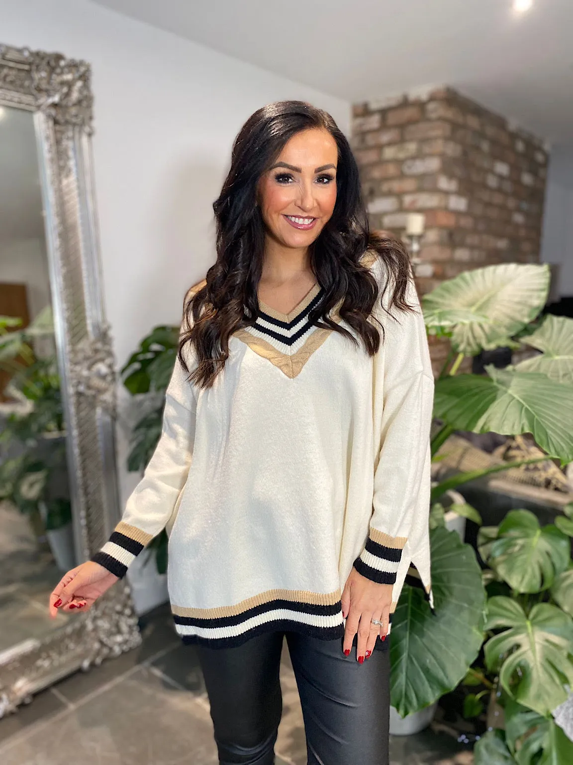 Winter White Striped V Neck Knit Debbie