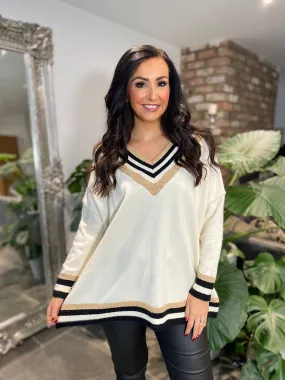 Winter White Striped V Neck Knit Debbie